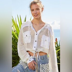 Open Knit Contrast Hooded Shacket with Frayed Edges - POL